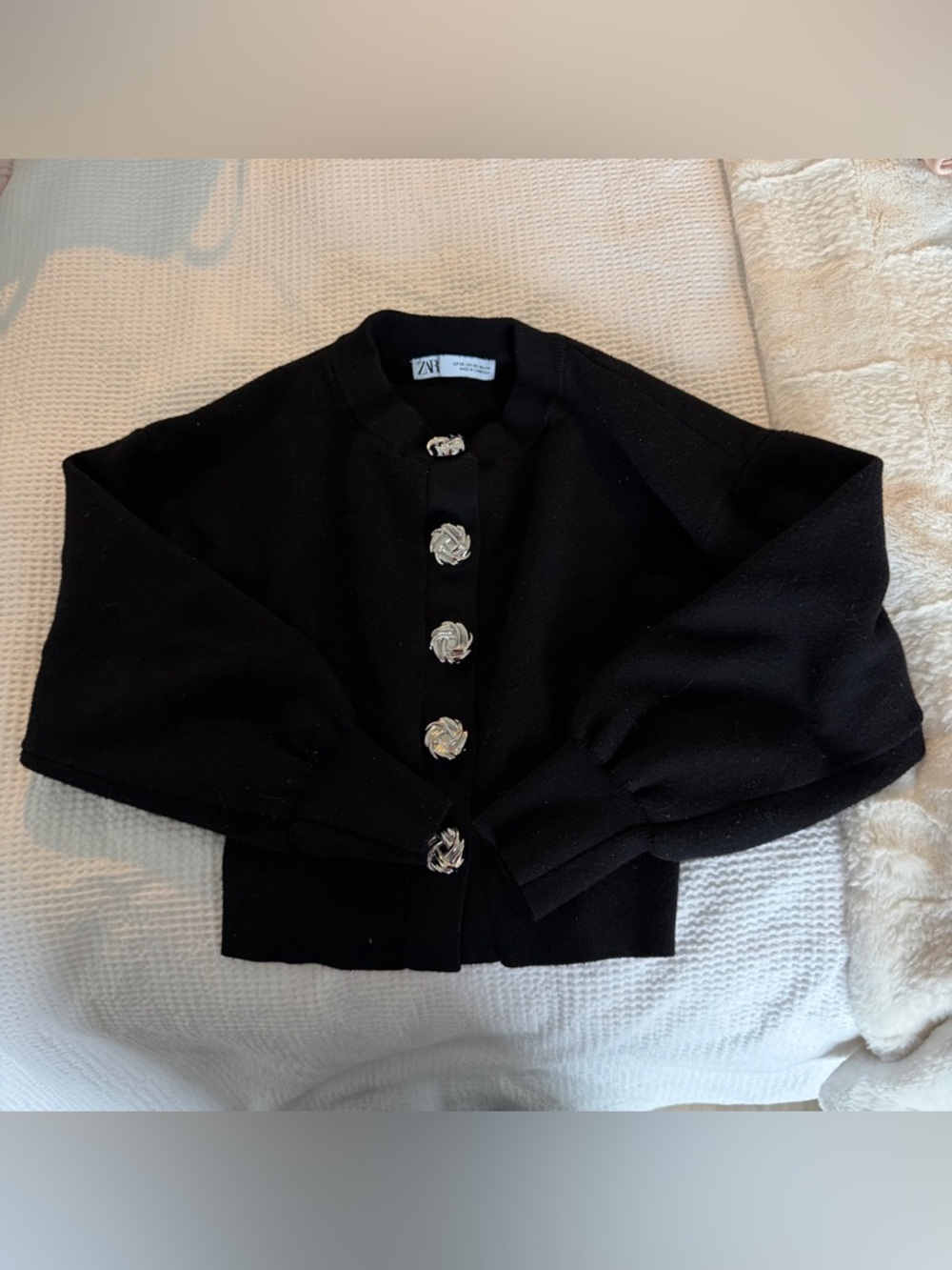 ZARA Black Knit Top with Silver Knot Accent Button